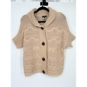 Talbots Sweater Tan Chunky Cable Knit Cardigan Short Sleeve Fisherman Size LP